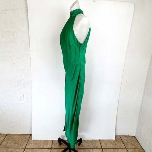 MESHKI Satin Drape Back Maxi Dress with Split - Green XLarge NEW - Picture 4 of 9